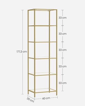 Регал VASAGLE з 5 полицями, скляна вітрина для ванної, вітальні, кухні, офісу, прозора + металік золото, легка збірка, LGT029A01