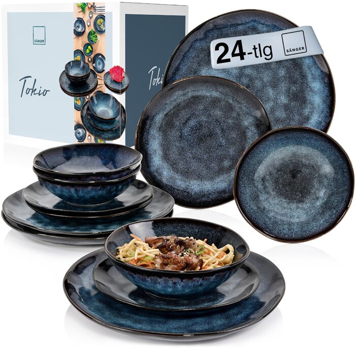 Sänger Tafelservice Tokio: 24-ти елементний набір посуду для 8 осіб, стегонна кераміка, сучасний ручної роботи, темно-синій з чорними акцентами | PREMIUM COLLECTION