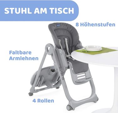 Високий стільчик Chicco Polly Magic Relax з іграшковим столом та зменшувачем для новонароджених, 8 положень по висоті, 4 колеса, Made in Italy, графітовий колір