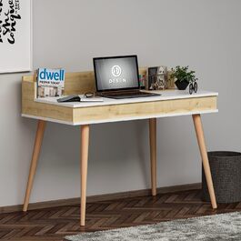 Комп'ютерний стіл - Столик для ноутбука з прихованою полицею під стільницею і з дерев'яними ніжками в вінтажному і елегантному дизайні для домашнього офісу або дитячої кімнати. Білий / Дуб