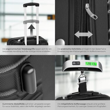 Набір валіз Tectake 4шт: S, M, L, XL з ABS пластику, з колесами, телескопічним ручками та замками. В комплекті вагова шалька та аксесуари для валіз. Чорний колір.
