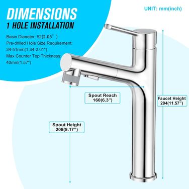 Сучасний змішувач для ванної кімнати CREA з висувною лійкою, 2 режими струменя, з міді, хром, для умивальника