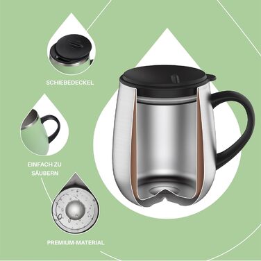 Кружка для кави та чаю Ideus 470 мл з нержавіючої сталі, подвійні стінки, ізольована, з неслизьким ручним тримачем та кришкою-модулем, великий об'єм, колір: трав'яний зелений