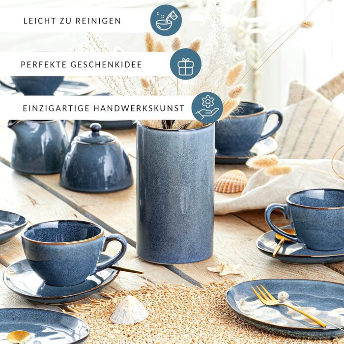 Кавовий сервіс SÄNERG Darwin 12 предметів, керамічний сервіз на 4 особи, блакитний, 300 мл, преміум-колекція