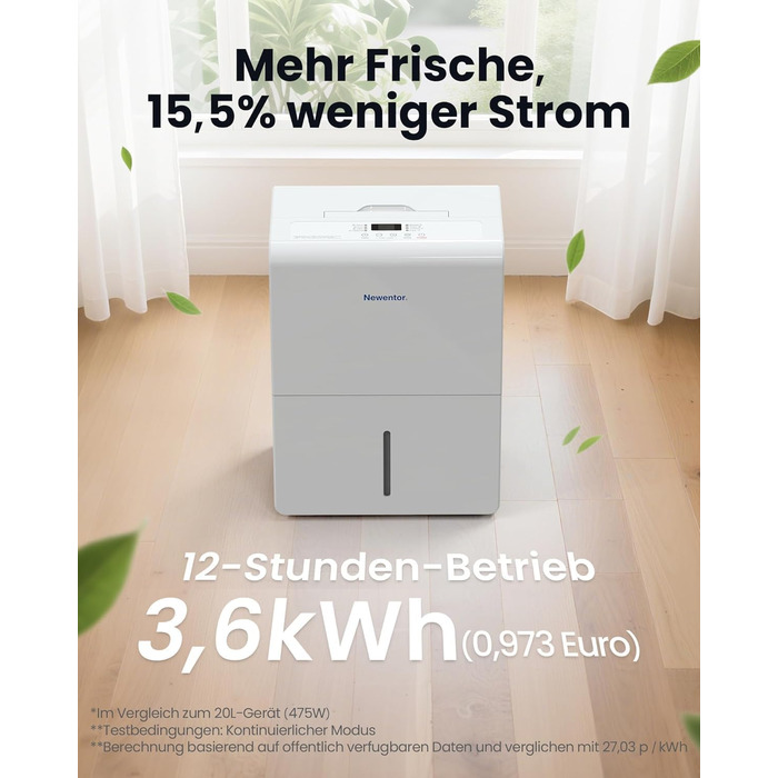 Електричний осушувач повітря Newentor 12L для підвалу, 35dB, з гофрованим шлангом 1м, для приміщень до 25м²/122м³, 10 років гарантії, фільтр, таймер, продуктивність 25л/день