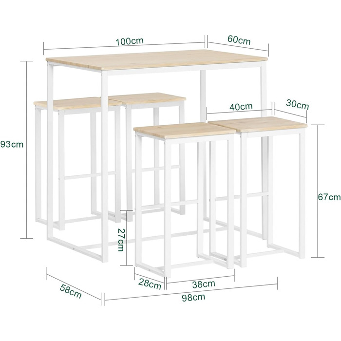Стільниця SoBuy з 4 стільцями: кухонний/барний стіл для кухні, їдальні, маленьких кімнат. Компактний набір, білий, 100x60x96 см, висота стільця 67 см. OGT15-WN