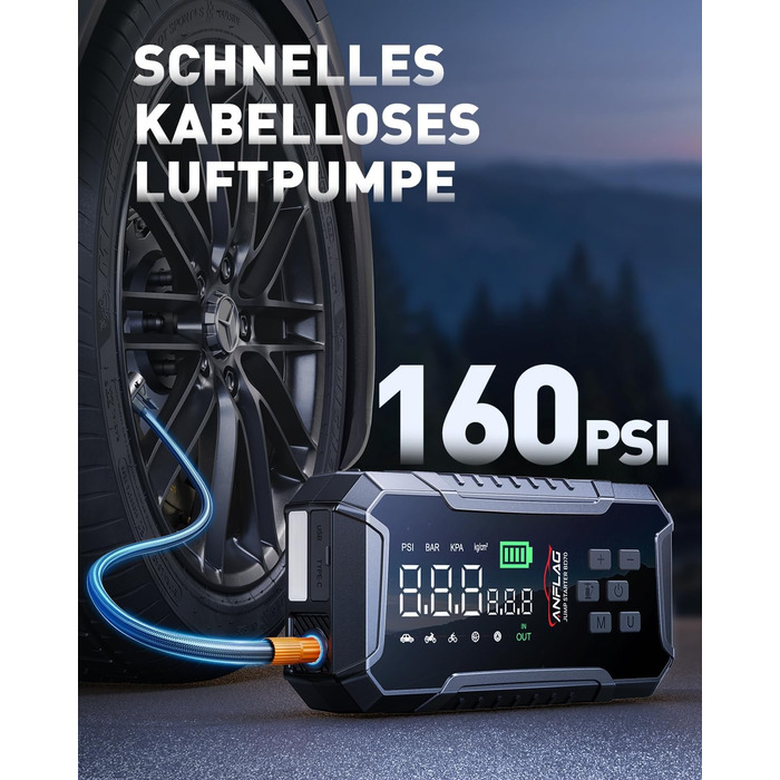 Powerbank для авто ANFLAG 7000A з компресором 160PSI, 26800mAh, для бензинових та дизельних двигунів (до 12.0L), LED-ліхтар