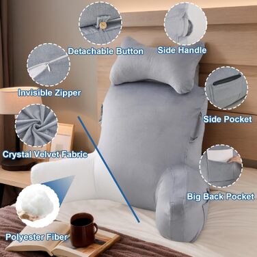 Лежак для читання в ліжко, 90 x 80 см (ДxВ) XXL подушка для спини, диван для дорослих з підлокітниками та знімною подушкою для шиї, спинка для читання з кишенею для ліжка, дивану, підлоги та стільця, світло-сірий