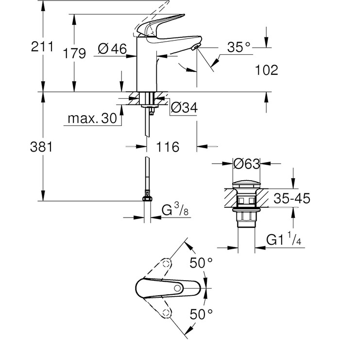 Змішувач для ванної кімнати GROHE Swift, хром, з донним клапаном, 18 см, з інструментом 3в1, економічний, Push-Open