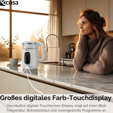 Електрочайник Ecosa® зі скляною колбою та регулюванням температури, 1.7 л, 2200 Вт, не містить BPA, з підігрівом та LED-підсвічуванням (Woldo White)