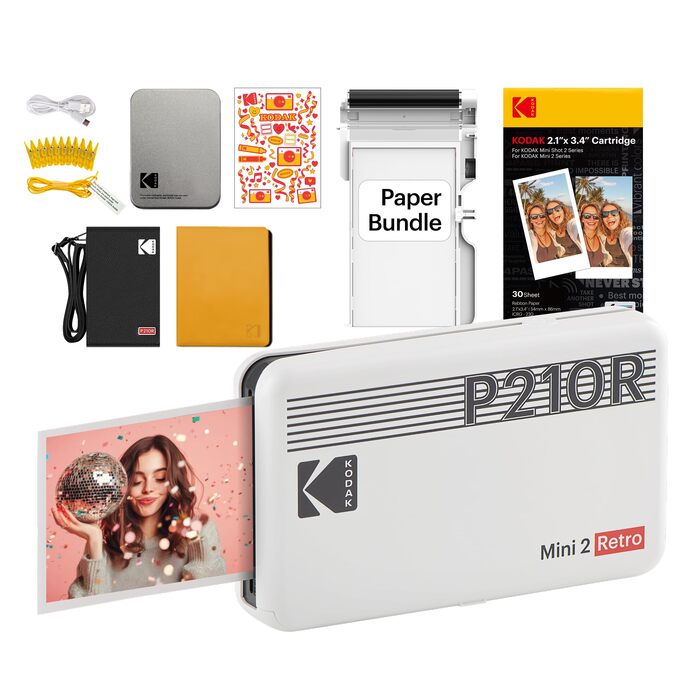 KODAK P210 Mini 2 Retro: Портативний кольоровий фотопринтер, Bluetooth, 54x86 мм, Ламінування, Комплект картриджів та аксесуарів
