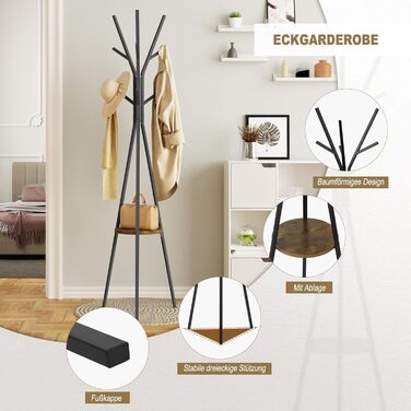 Вільна стійка для одягу WOLTU у вигляді дерева з полицею, 9 гачків, для одягу, шапок, сумок, біла, металева (чорна)