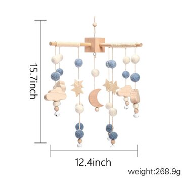 Мобільний дзвіночок для малюків з повстяними кульками місяць мобільний дитячий дерев'яний мобільний дзвіночок для маленьких дівчаток підвісний над дитячим ліжечком Мобільний для дитячого ліжечка (ясен) (синій)