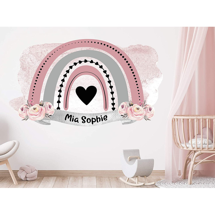 Наклейка на стіну Райдужна дитяча кімната з ім'ям, персоналізованим для хлопчиків і дівчаток, наклейка на стіну дитяча кімната Дитячі наклейки, сердечко / (рожевий, 70x40 см)