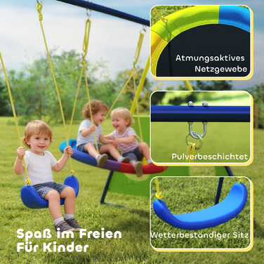 Комплект гойдалок 4-в-1 для дітей до 150 кг з сітчастою гойдалкою, баскетбольним кільцем, футбольними воротами та гойдалкою-качелюшкою. Розміри: 288 x 160 x 220 см.