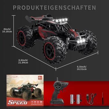 Радіокерований позашляховик Carox 1:18, 2.4 GHz, 25 км/год, Monstertruck з підсвічуванням (Червоний)