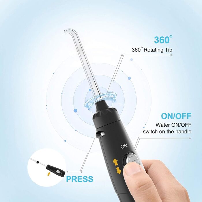 Електричний іригатор TUREWELL для ротової порожнини з 10 рівнями тиску та 8 насадками, IPX7, 600 мл, чорний