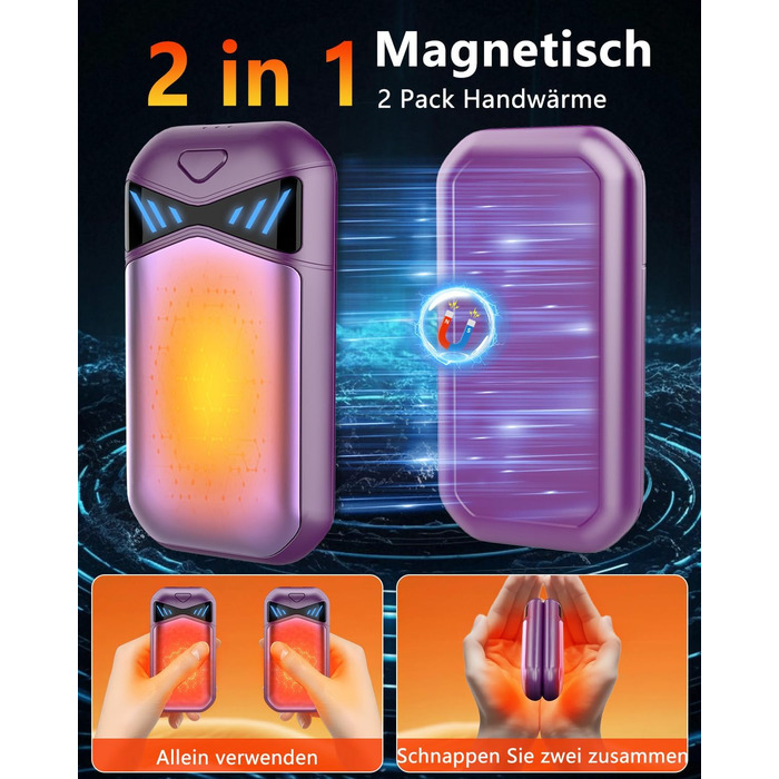 Електричні грілки для рук DDKJ 2 шт., 7000mAh, з магнітом, 3 режими нагріву до 55°C, для дітей, чоловіків, жінок, фіолетові