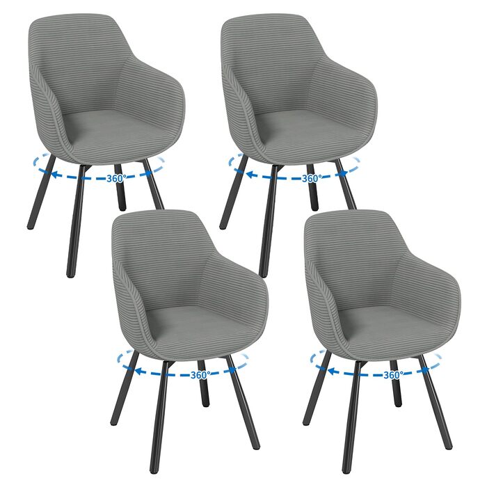 LEWE Комплект з 4-х обертових стільців для їдальні з підлокітниками, сірий. Сучасні стільці для кухні/вітальні з дерев'яними ніжками та спинкою.