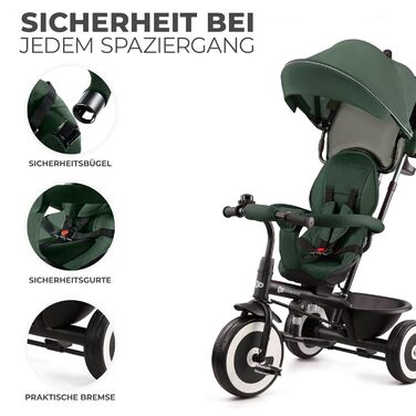 Триколісний велосипед Kinderkraft ASTON для дітей від 9 місяців до 25 кг, з батьківською ручкою, обертовим сидінням, дахом від сонця, кошиком та тримачем для напоїв, зелений