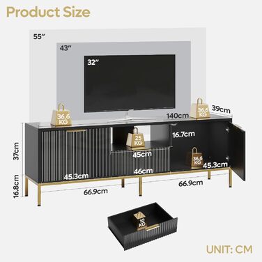Тумба під ТВ Bestier для телевізора 55/60 дюймів, глянцево-чорна: сучасна медіа-консоль з полицями для вітальні та спальні