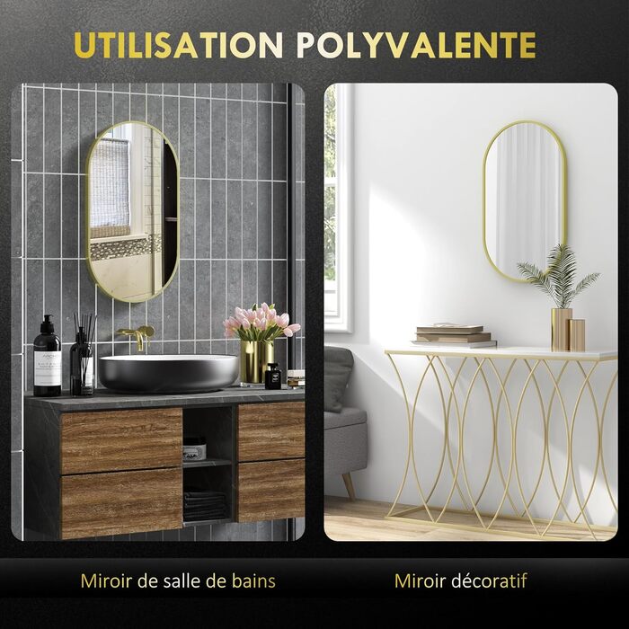 Дзеркало настінне овальне HOMCOM 40x70 см з алюмінієвим каркасом, для ванної, вітальні, спальні