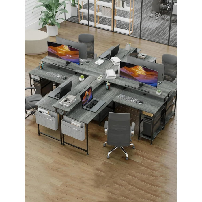 Кутовий ігровий стіл L-подібний з LED-підсвічуванням та розетками, 140x140 см, сірий, з полицями та кишеньками для дому та офісу