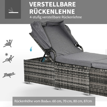 Шезлонг з ротангу з навісом для саду, регульований, з подушками, сірого кольору, 195 x 65 x 40 см