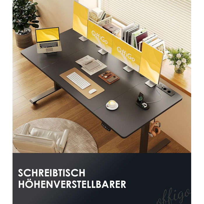 Регульований стіл OffiGo 180 см, електричний з USB, standing desk з пам'яттю, для офісу та дому, білий (180 x 70 x 72 см)