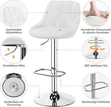 Набір з 2 барних стільців, регульовані 61,5-83 см, поворотні, з підставкою для ніг, білий