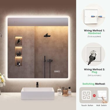 Дзеркало для ванної кімнати S'bagno з підсвічуванням 80x60 см, Bluetooth, 5x збільшення, протитуманне покриття, 3 кольори, регулювання яскравості, пам'ять налаштувань, загартоване скло, IP44 вологостійкість, горизонтальне/вертикальне встановлення