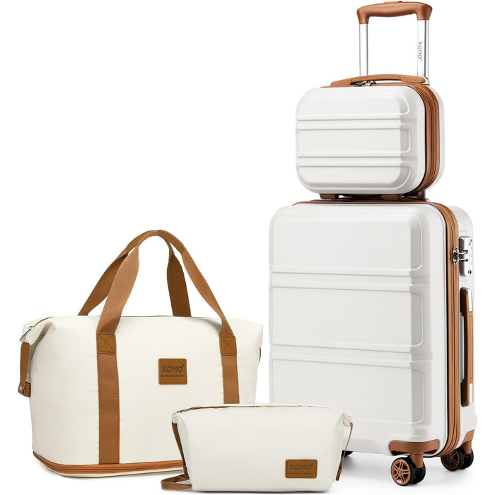 Набір валіз KONO 4 в 1: велика, ручна, косметичка та сумка для подорожей (кремово-білий)