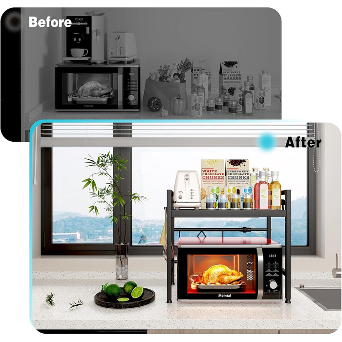 Регульована підставка для мікрохвильової печі, 2-рівнева розширювана, з вуглецевої сталі, з 8 гачками, чорна