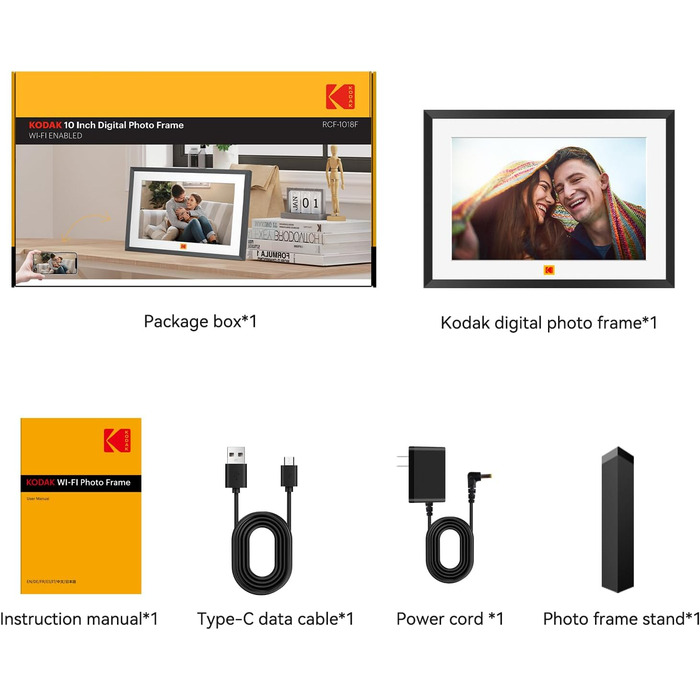 Цифровий фоторамка Kodak 10 дюймів з Wi-Fi, 32GB, IPS HD сенсорний екран, автоповорот, чорний