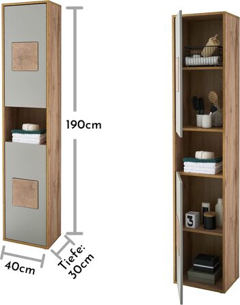 Висока шафа для ванної кімнати, базальт/дуб Вотан, 40x190x30 см, багато місця для зберігання, торцеве застосування