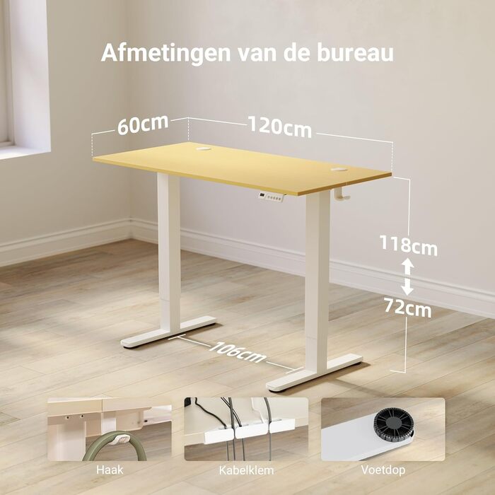 Регульований стіл Claiks для офісу, 120x60 см, білий, з пам'яттю положень, 80 кг, з гачками