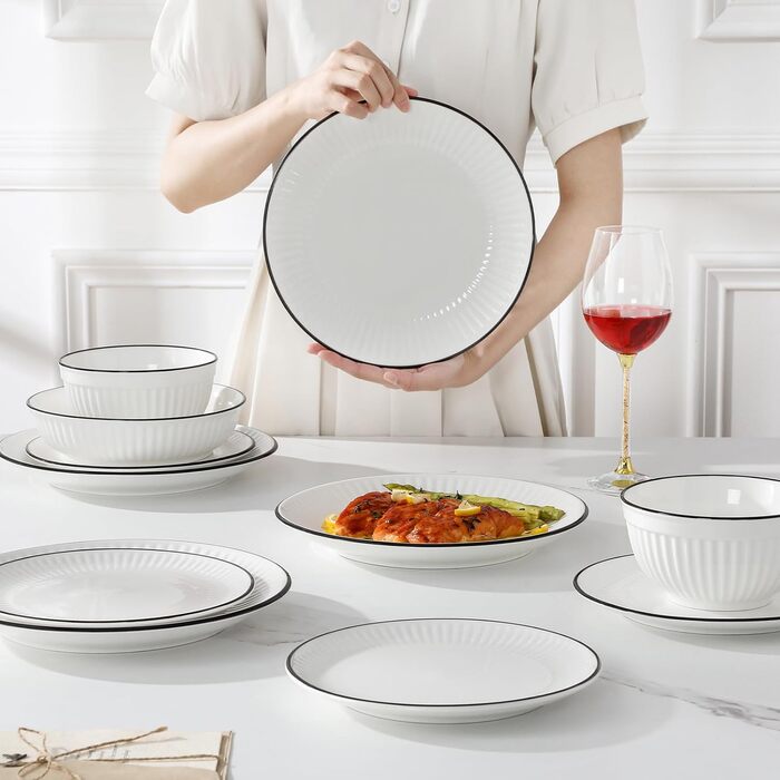 Набір посуду MALACASA LEILA 6 осіб, 24 частини: тарілки, миски, порцеляна, білий з чорним обідком