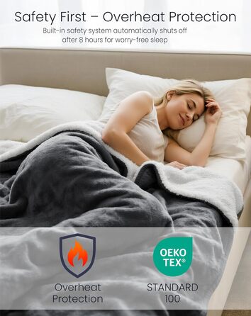 Електрична ковдра AnySun 200x180 см з автовимкненням, 6 рівнів нагріву, таймер 10 годин, захист від перегріву, сіра, для ліжка, дивану, машинне прання