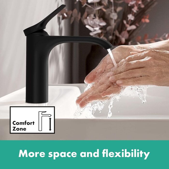 Змішувач для ванної кімнати Hansgrohe Vivenis з витягнутим виливом 110 мм (матовий чорний), економія води (EcoSmart), з поплавковим зливом