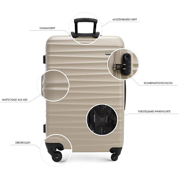 Набір валізWITTCHEN 3в1: велика, середня, маленька. Жорсткий корпус ABS, 4 колеса, кодовий замок. Підходить для Lufthansa, Eurowings, Ryanair, Condor. Бежевий колір.
