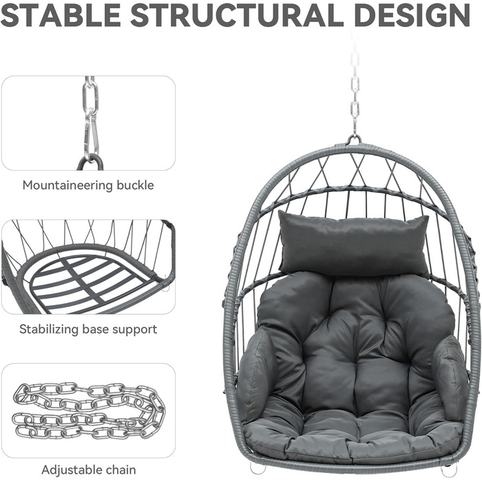 Крісло-гойдалка YITAHOME для дому та саду, сіре, з подушками, 150 кг, 105x74x72 см