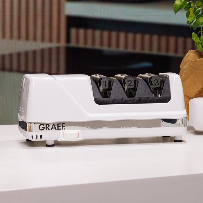 Електричний точило для ножів GRAEF CC120, 3 рівні заточування, алмазне напилення, для кухонних та мисливських ножів, білий