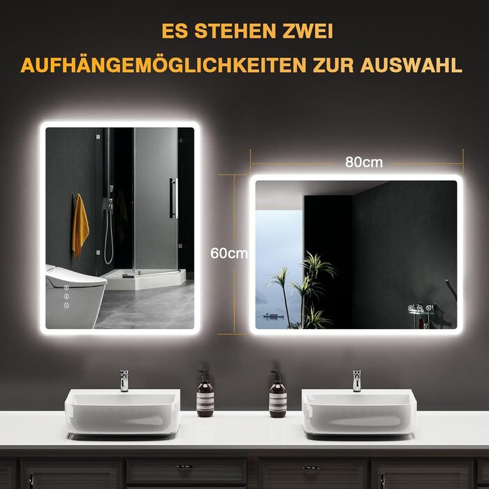 LED дзеркало для ванної кімнати 80x60 см з підсвічуванням, диммування, антизапар, 3 кольори світла, IP44, функція пам'яті, горизонтальне/вертикальне кріплення