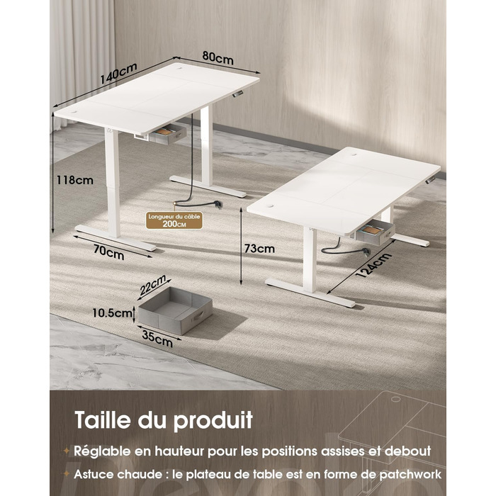 Регульований стіл Devoko з підйомною висотою, 140x80 см, з ящиками, USB-порт, органайзер для кабелів, стоячий стіл з 3 рівнями пам'яті, білий