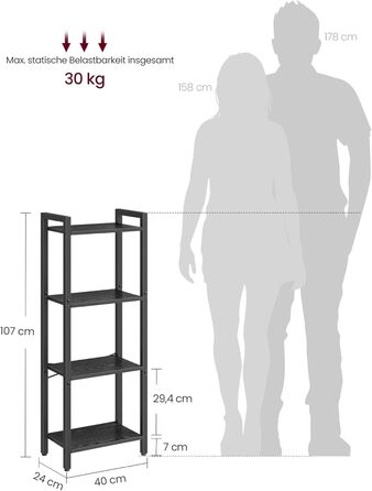 Стелаж VASAGLE Regal для книг, DVD та офісних документів, 4 яруси, 24x40x76,4 см, вінтажний коричнево-чорний колір (LLS098K02)