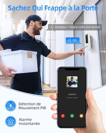 Відеодомофон XTU 2K HD з Wi-Fi, бездротовий, для вулиці, з нічним баченням та PIR-датчиком руху, двосторонній аудіо, білий