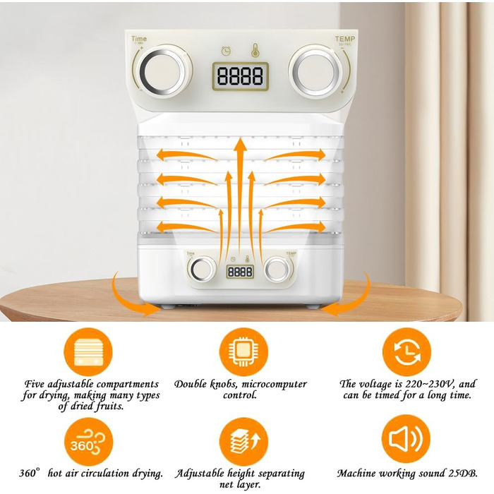 Дегідратор RANJIMA з 5 полицями, регулятором температури 35-70C, таймером для м'яса, овочів та фруктів