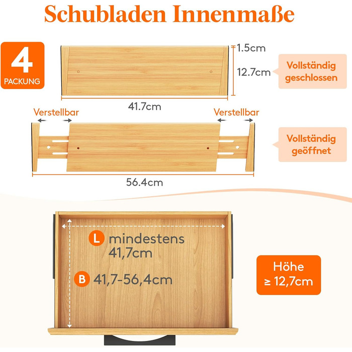 Органайзер для ящиків Lifewit з бамбука, 10см висоти, регульований, 41-5см, для кухні/офісу/шафи