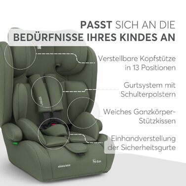 Автокрісло KikkaBoo 9-36 кг i-PASS, група 1/2/3, 1 рік - 12 років, i-Size, 13 положень, армійний зелений