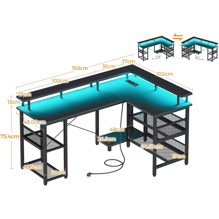 Ігровий стіл ODK з LED-підсвічуванням, 150x102 см, з 2 розетками та 2 USB-портами, кутовий, з підставкою для роутера, карбон, чорний